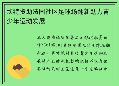 坎特资助法国社区足球场翻新助力青少年运动发展