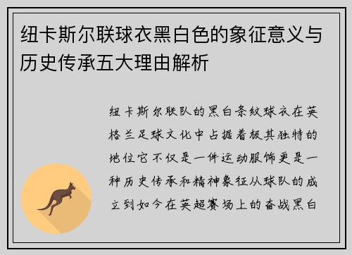 纽卡斯尔联球衣黑白色的象征意义与历史传承五大理由解析