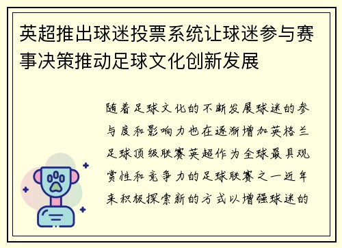 英超推出球迷投票系统让球迷参与赛事决策推动足球文化创新发展