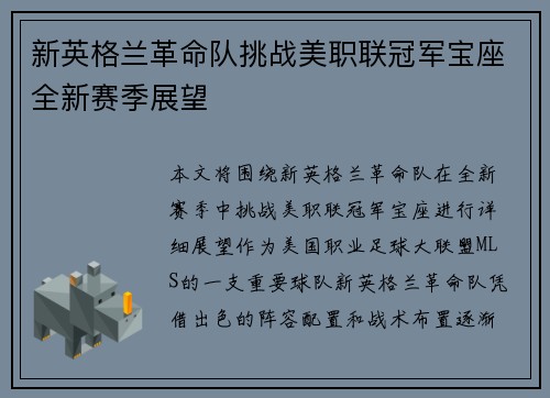 新英格兰革命队挑战美职联冠军宝座全新赛季展望 新英格兰革命队挑战美职联冠军宝座全新赛季展望